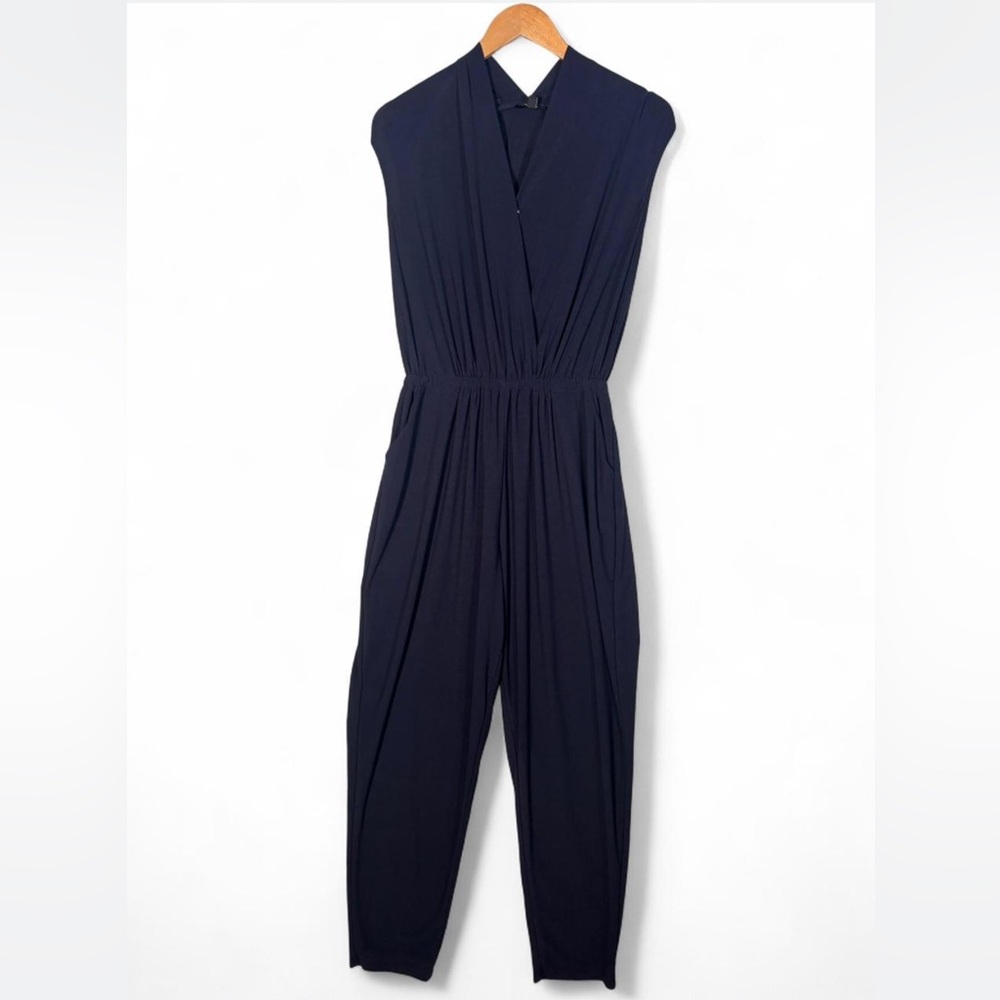 Apt 9 Black Navy Sleeveless Jumpsuit Size Large Elastic Waist Chic
